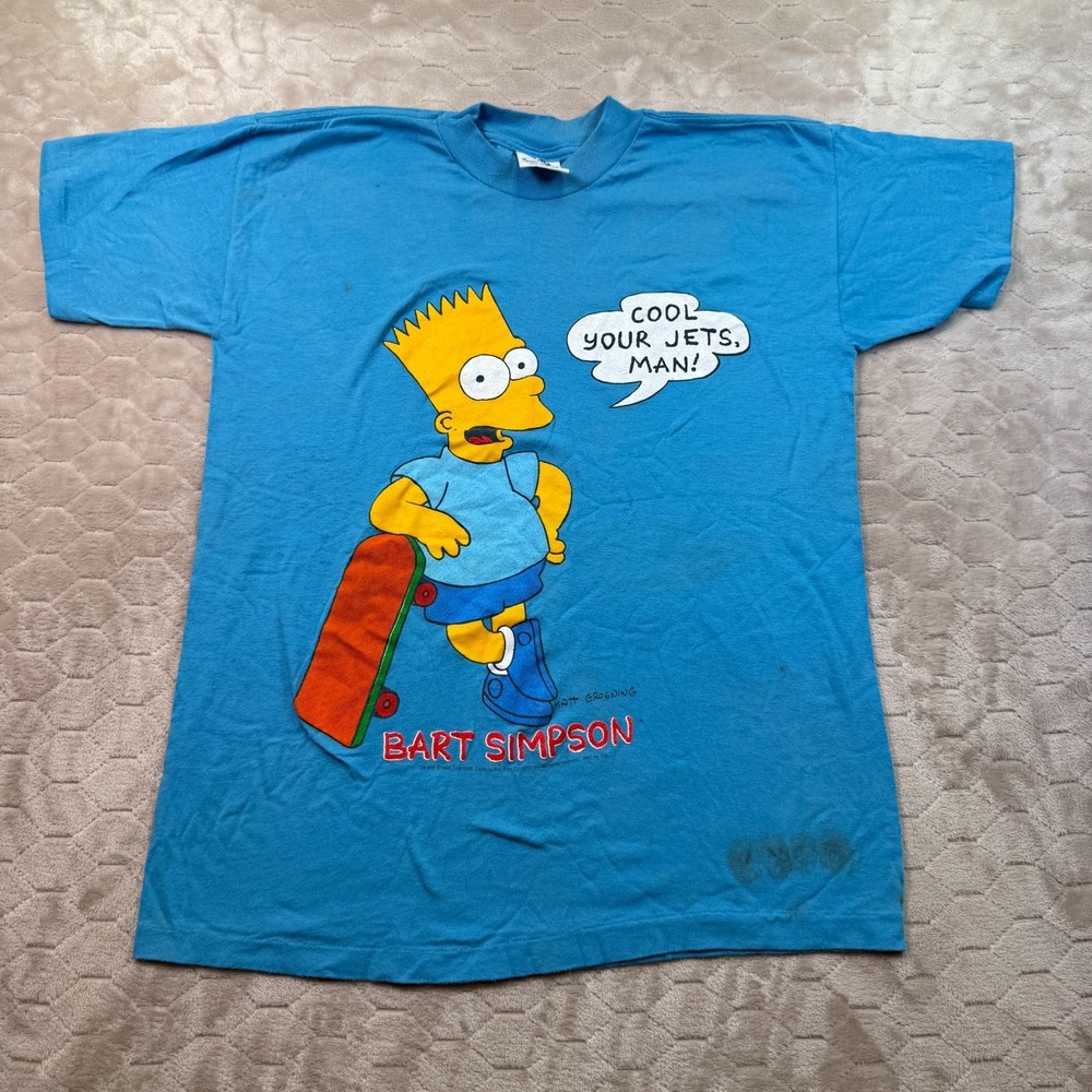 VTG 1990 Bart Simpson Cool Your Jets Man Shirt Adult‎ Medium Single Stitch STAIN